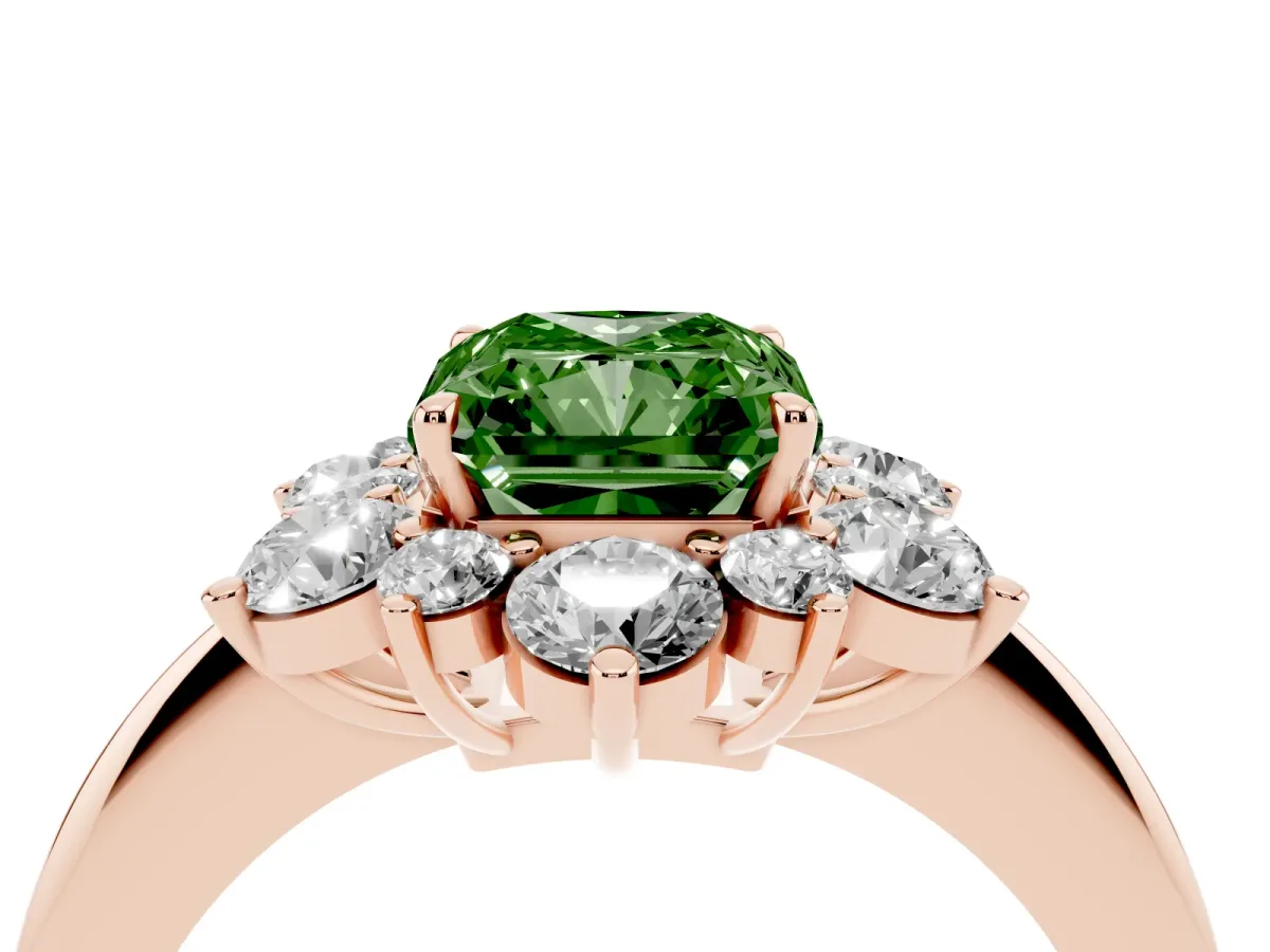 Fancy Green Radiant Cut Diamond Cluster Halo Ring with Solitaire Band and Four-Prong Setting Rose gold