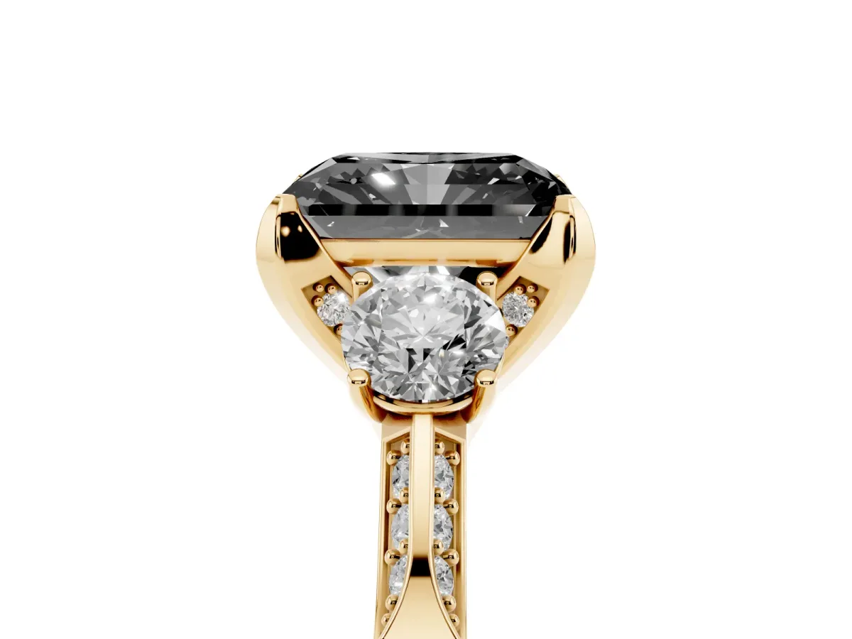 Fancy Black Radiant Cut Brilliant Three-Stone Diamond Ring with Pavé Band and Four-Prong Setting Yellow gold