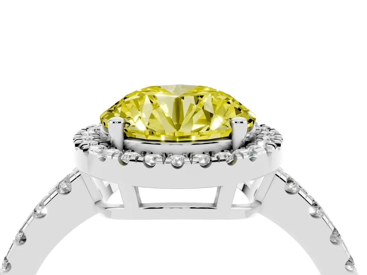 Fancy Yellow Round Cut Diamond Halo Ring with Pavé Band and Four-Prong Setting White gold