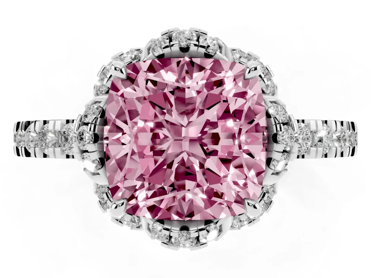 Fancy Pink Cushion Cut Diamond Halo Pave Band with Four-Prong Setting Silver