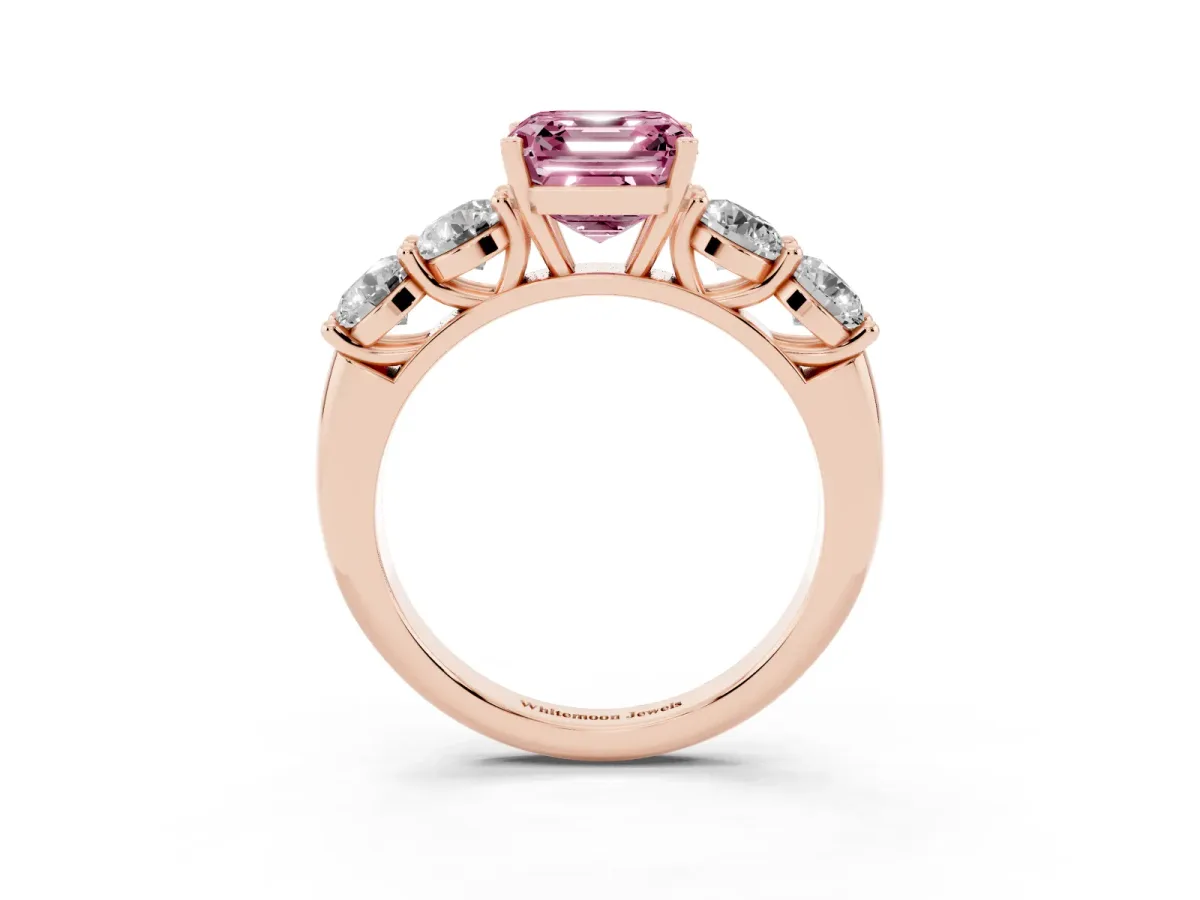 Fancy Pink Asscher Cut Cut Five-Stone Prong Set Diamond Ring with Classic Band Rose gold