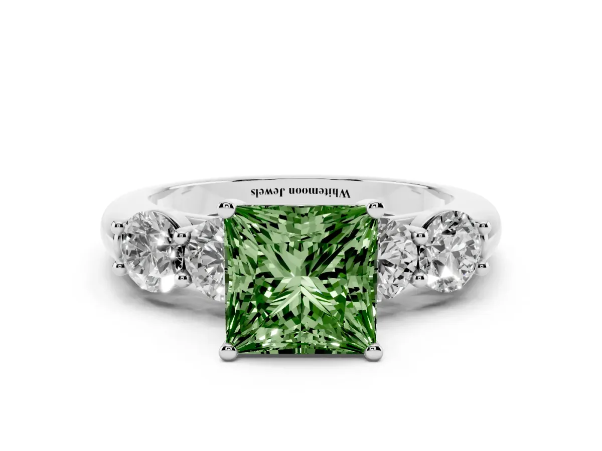 Fancy Green Princess Cut Cut Five-Stone Prong Set Diamond Ring with Classic Band Silver