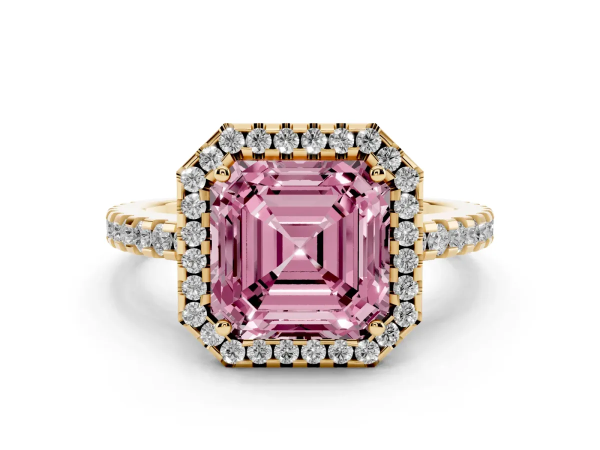 Fancy Pink Asscher Cut Diamond Halo Engagement Ring with Pavé Band and Prong Setting Yellow gold