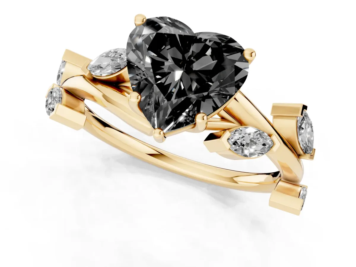 Fancy Black Heart Cut Solitaire Twisted Band Marquise Accent Prong Setting Ring Yellow gold