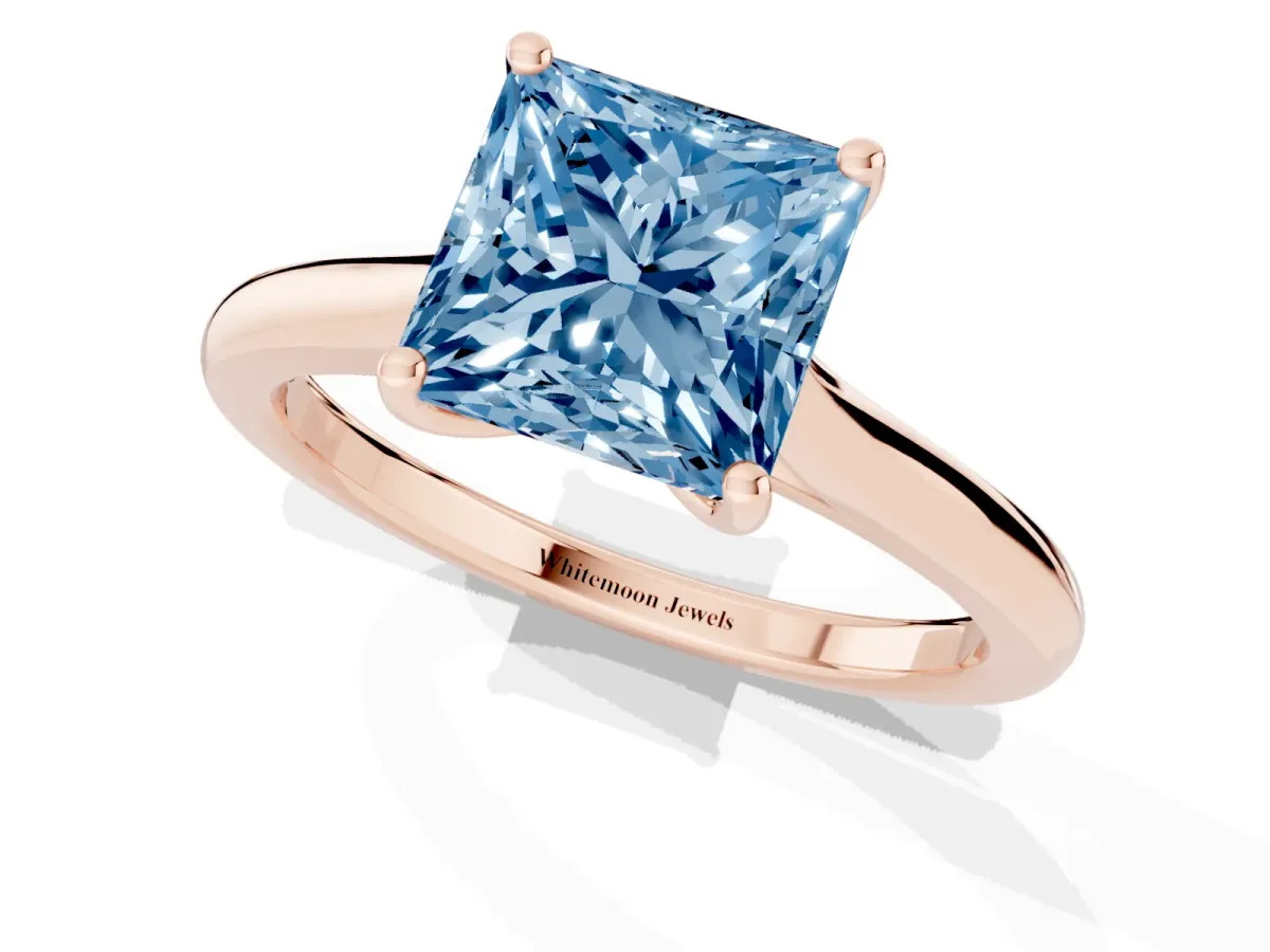 Fancy Blue Princess Cut Cut Solitaire Ring with Cathedral Band and Four-Prong Setting Rose gold