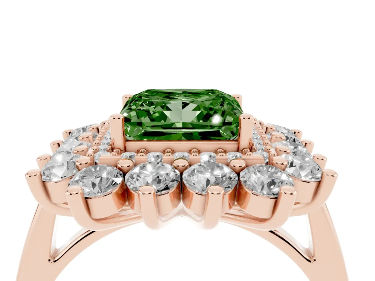 Fancy Green Princess Cut Diamond Floral Double Halo Engagement Ring with Prong Setting Rose gold