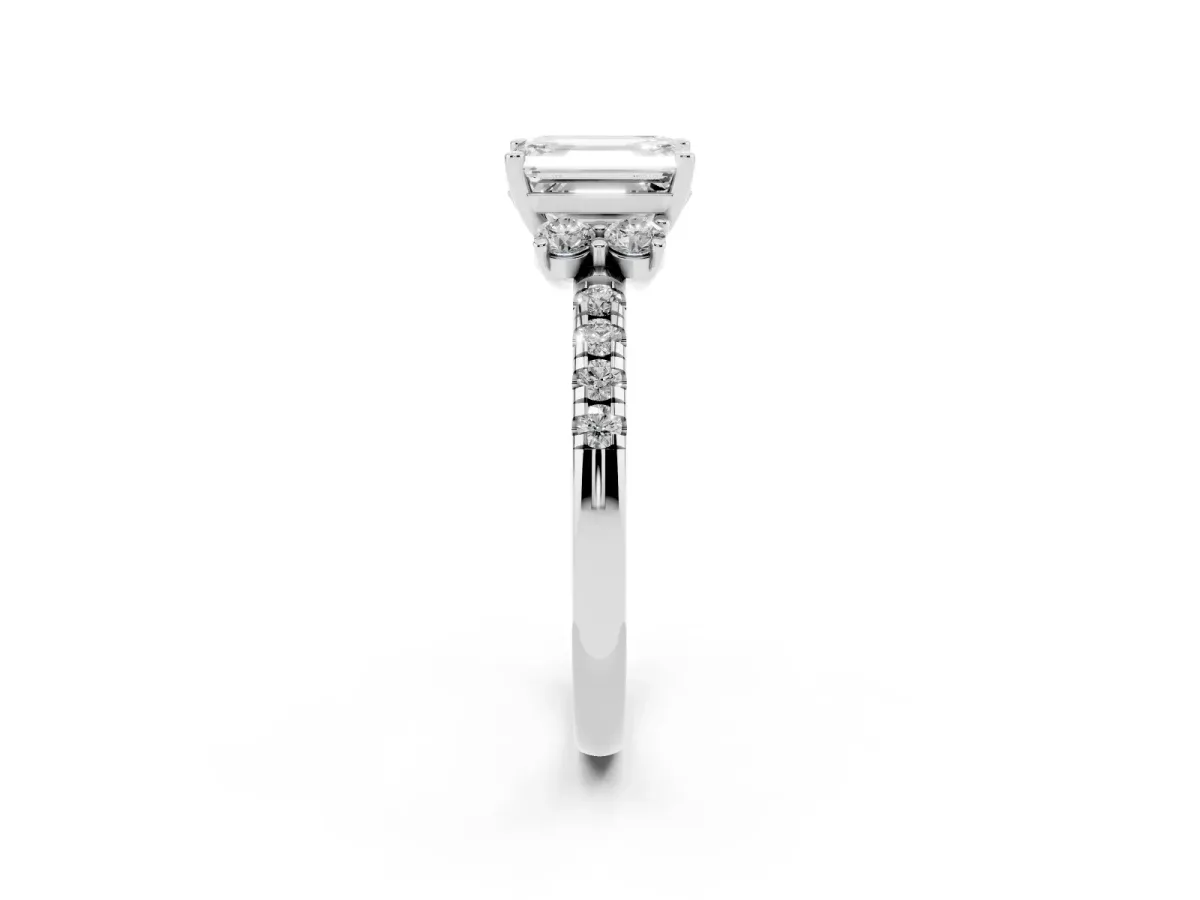 Emerald Cut Diamond Three-Stone Pave Band with Four-Prong Setting Platinum