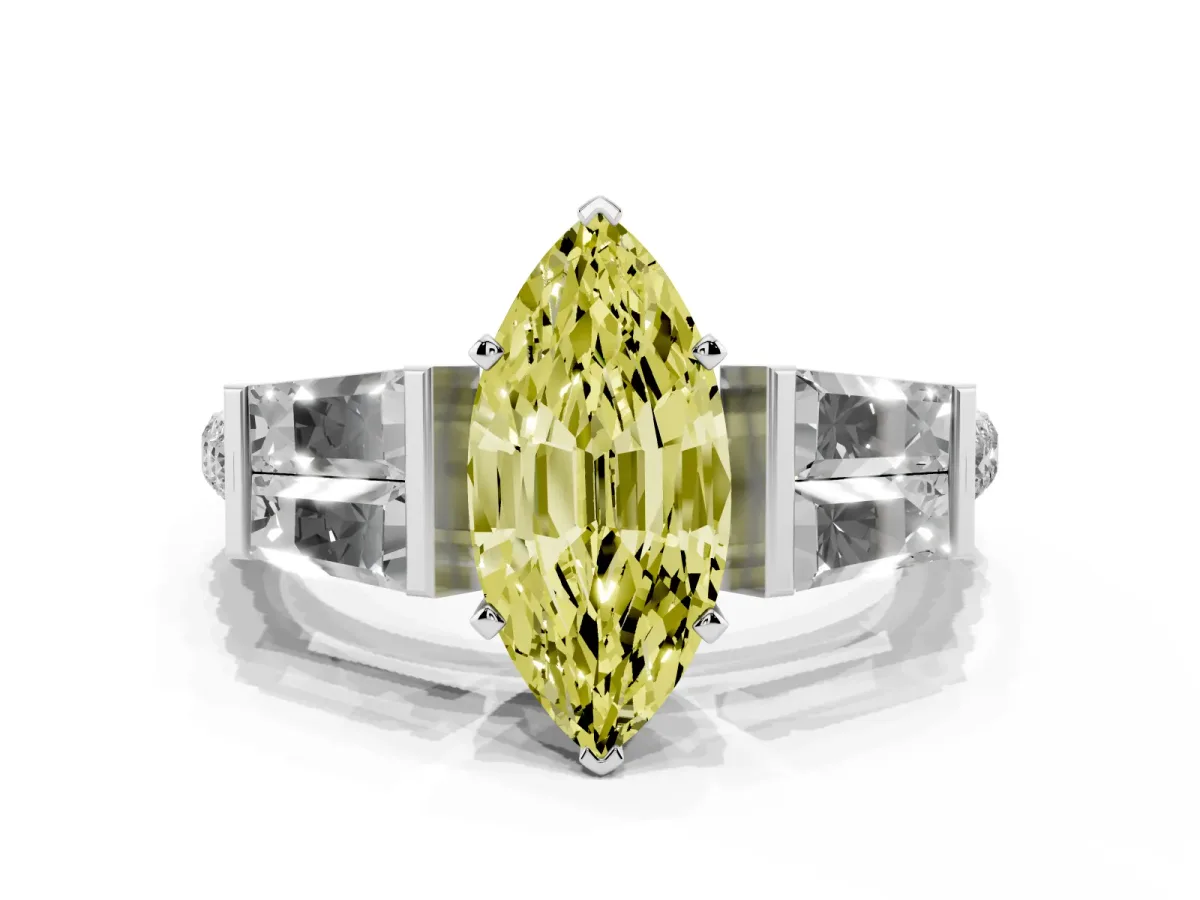 Fancy Yellow Marquise Cut Diamond Engagement Ring with Baguette Side Stones and Channel Set Band Silver