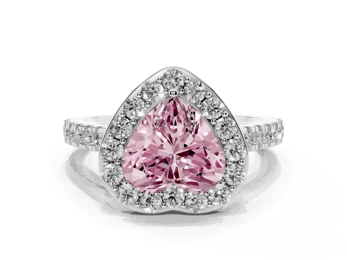 Fancy Pink Heart Cut Diamond Halo Ring with Round Pavé Split Shank and Prong Setting Silver