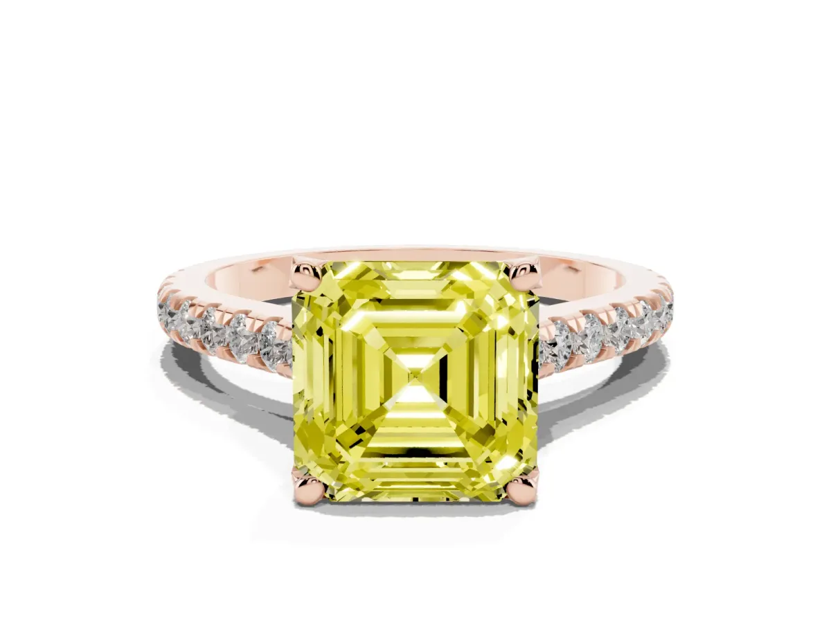 Fancy Yellow Asscher Cut Brilliant Diamond Solitaire with Pavé Band and Four-Prong Setting Rose gold