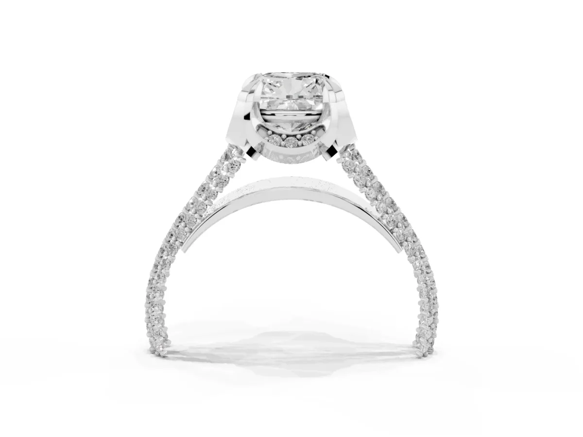 Cushion Cut Solitaire Pave Split Shank Ring with Four-Prong Setting Silver
