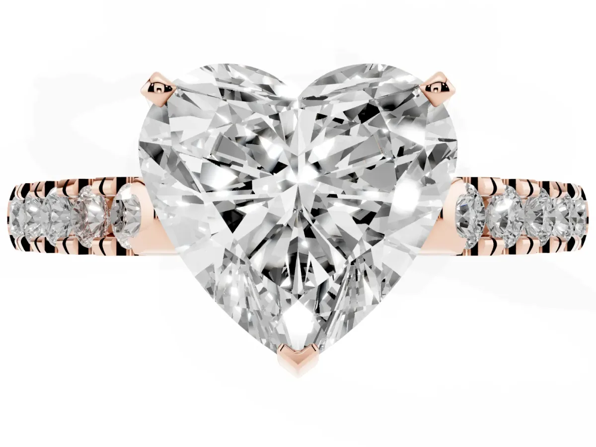 Heart Cut Diamond Pavé Band Solitaire Ring with Prong Setting Rose gold