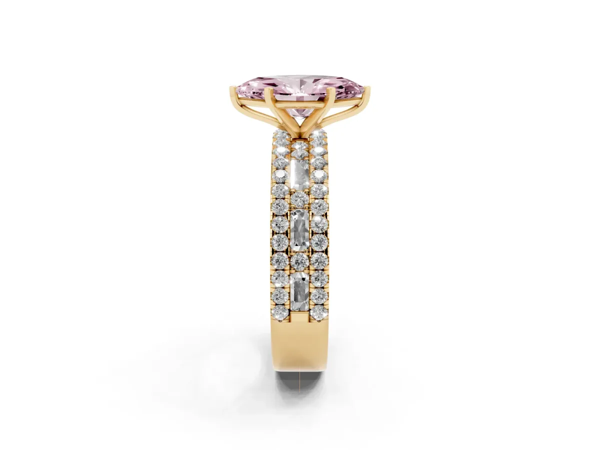 Fancy Pink Marquise Cut Diamond Solitaire Ring with Pavé and Channel Set Band Yellow gold