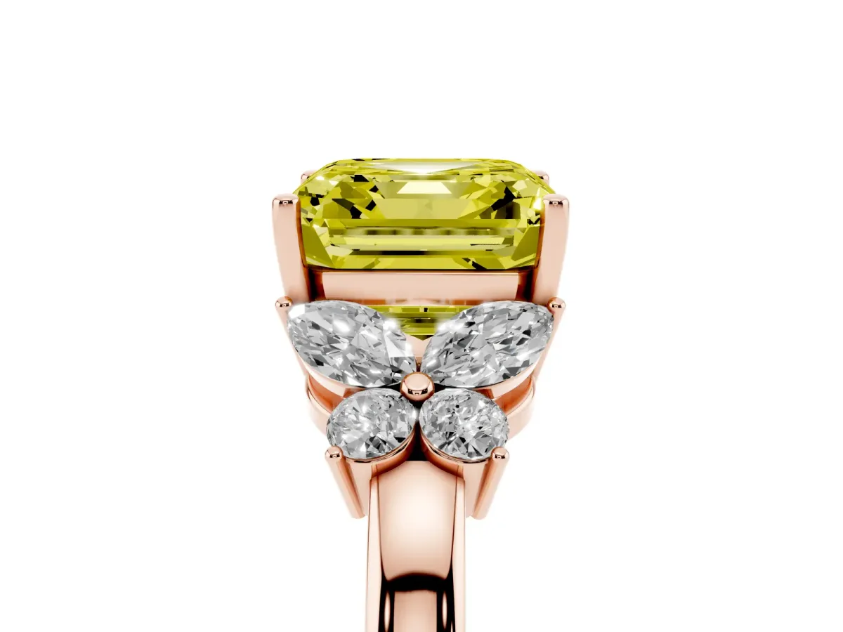 Fancy Yellow Asscher Cut Cut Solitaire Floral Diamond Ring with Four-Prong Setting Rose gold