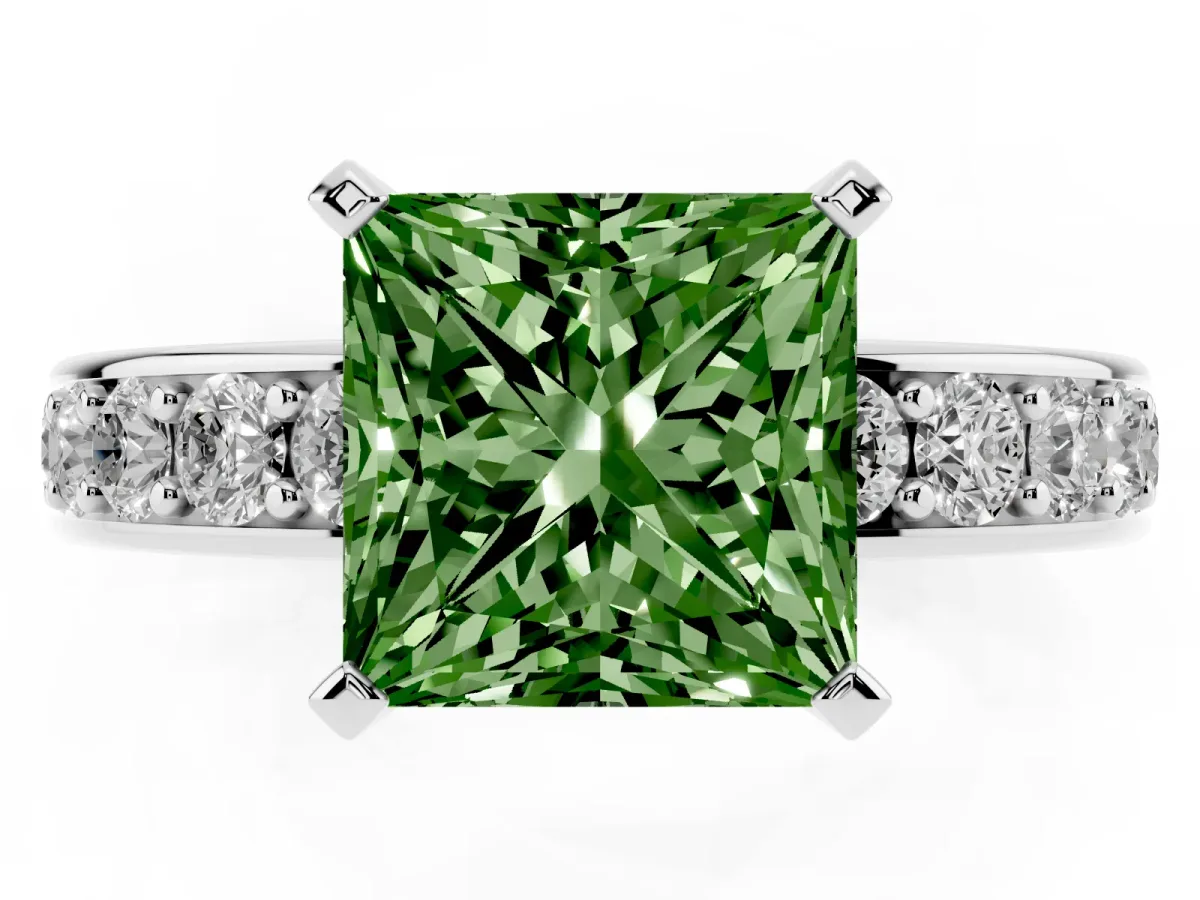 Fancy Green Princess Cut Diamond Engagement Ring with Channel Set Round Band and Prong Setting Platinum