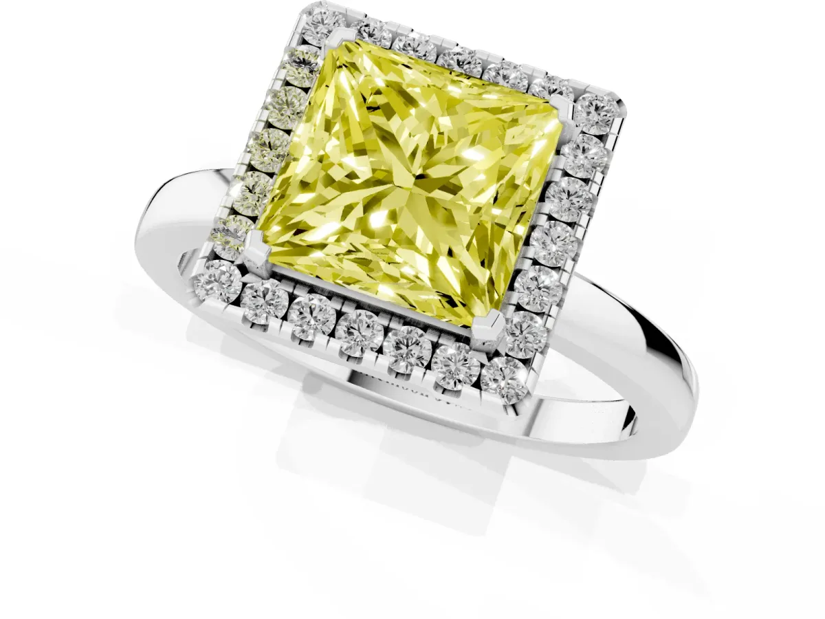 Fancy Yellow Princess Cut Halo Diamond Solitaire with Pavé Band and Four-Prong Setting White gold