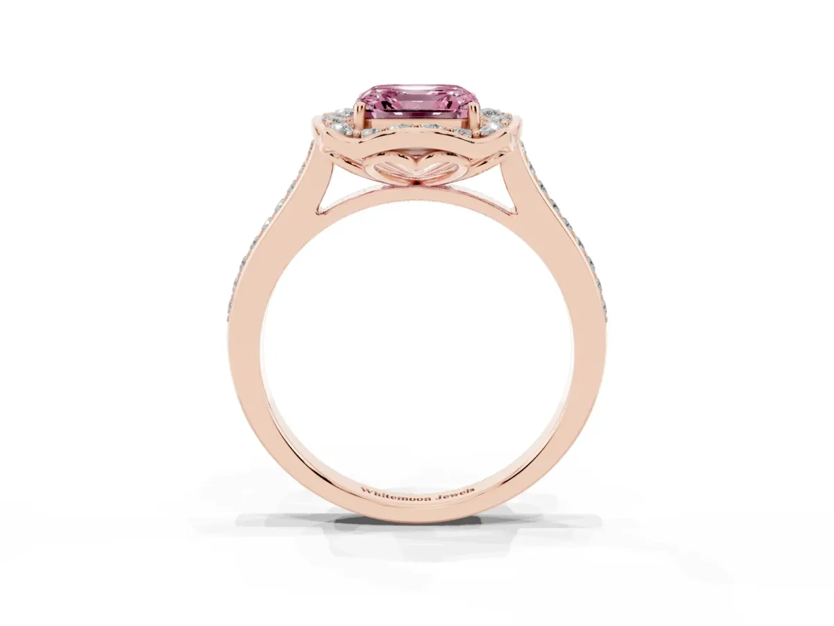 Fancy Pink Asscher Cut Halo Round Diamond Pave Band with Four-Prong Setting Rose gold