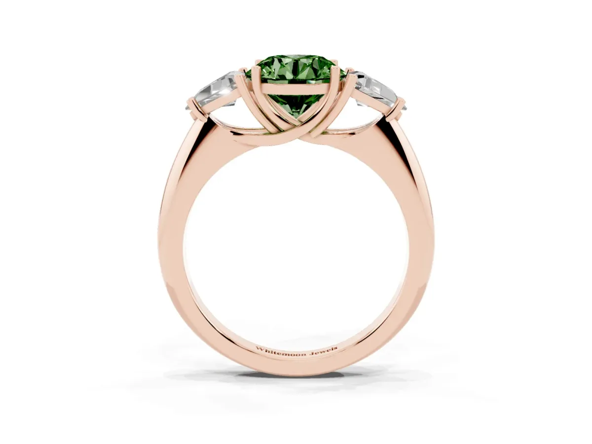 Fancy Green Three-Stone Round Cut Diamond Engagement Ring with Trillion Side Stones and Prong Setting Rose gold