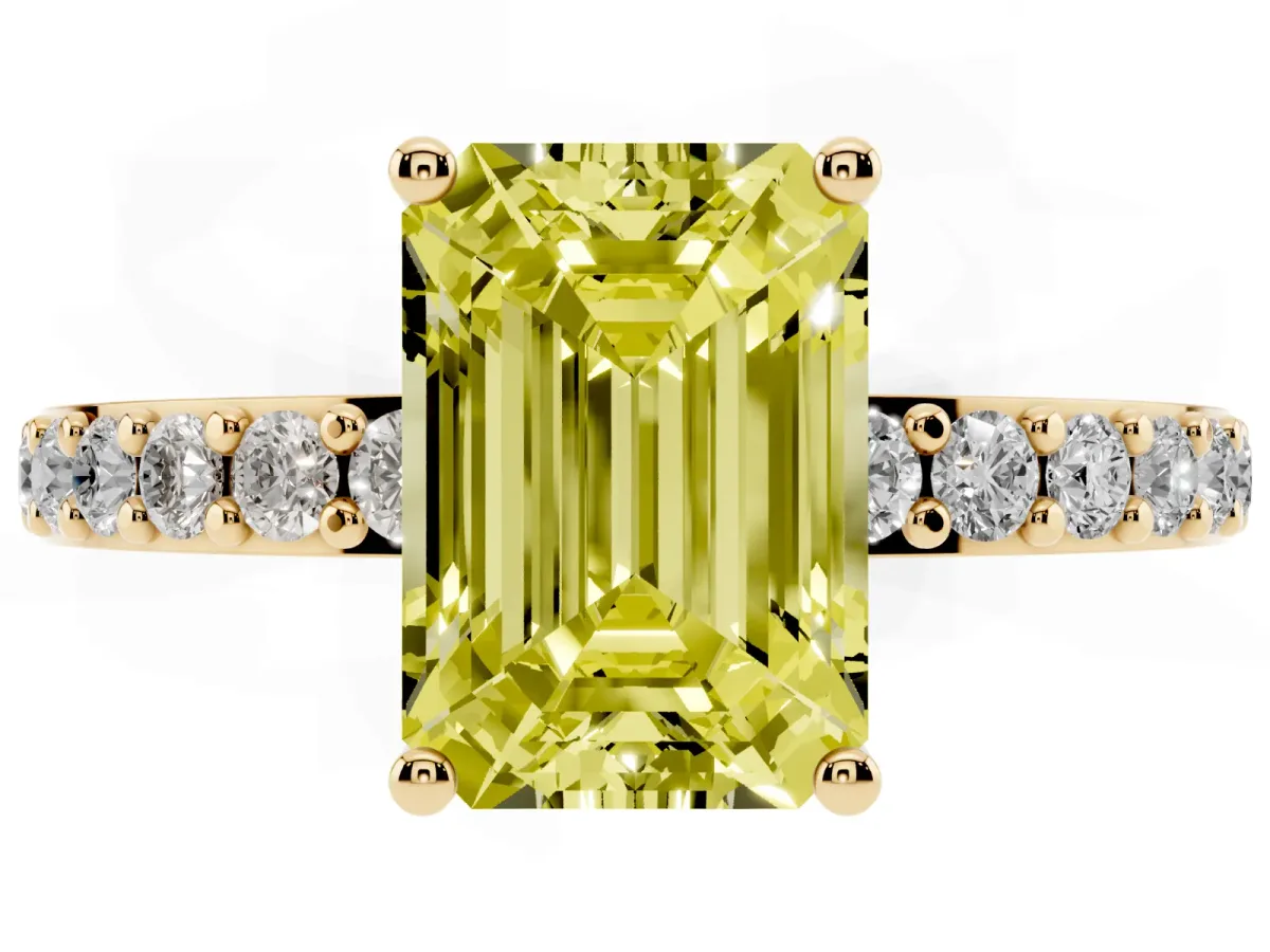 Fancy Yellow Emerald Cut Cut Diamond Solitaire with Pave Band and Four-Prong Setting Yellow gold