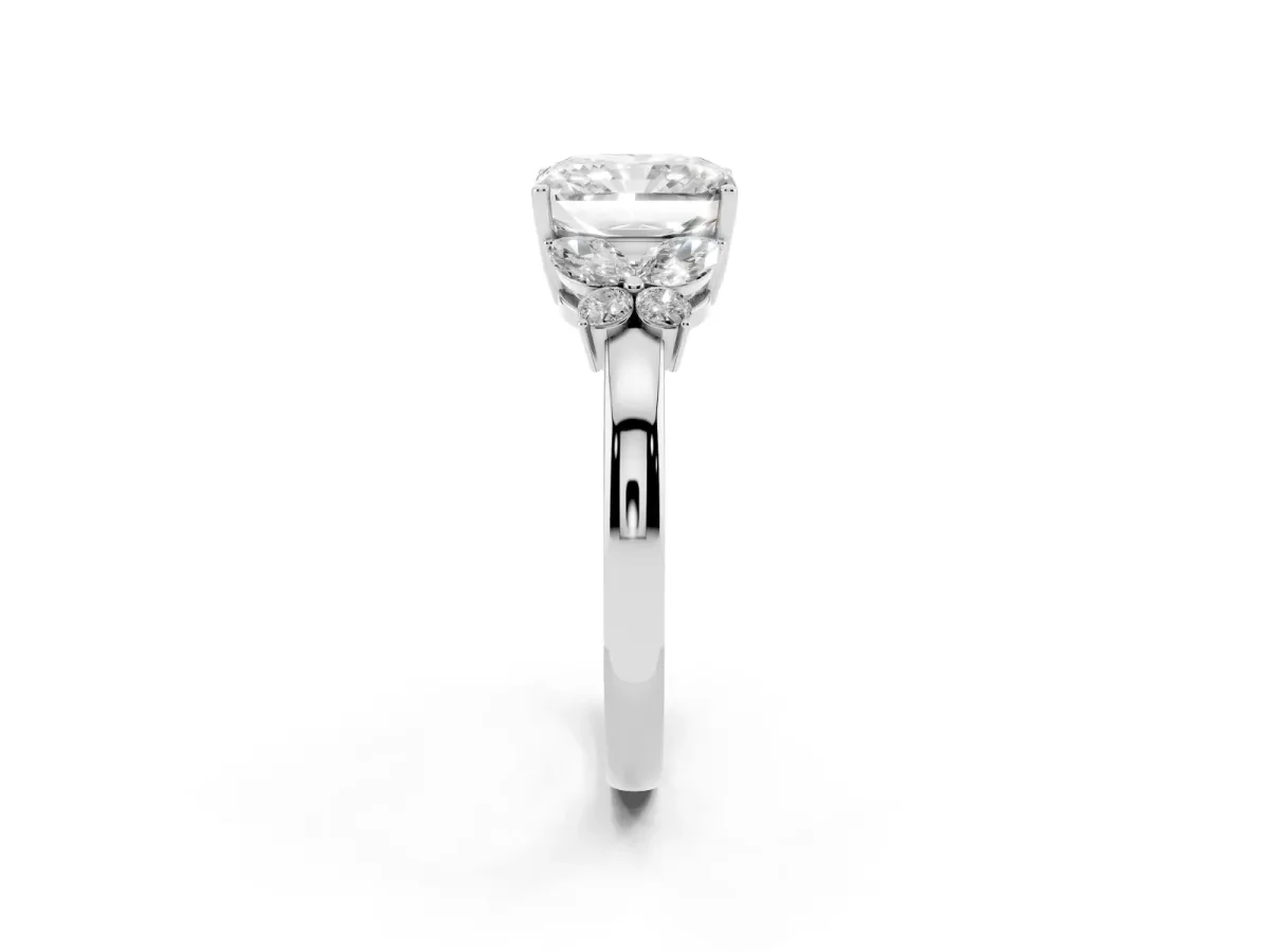 Radiant Cut Cut Solitaire Floral Diamond Ring with Four-Prong Setting Silver