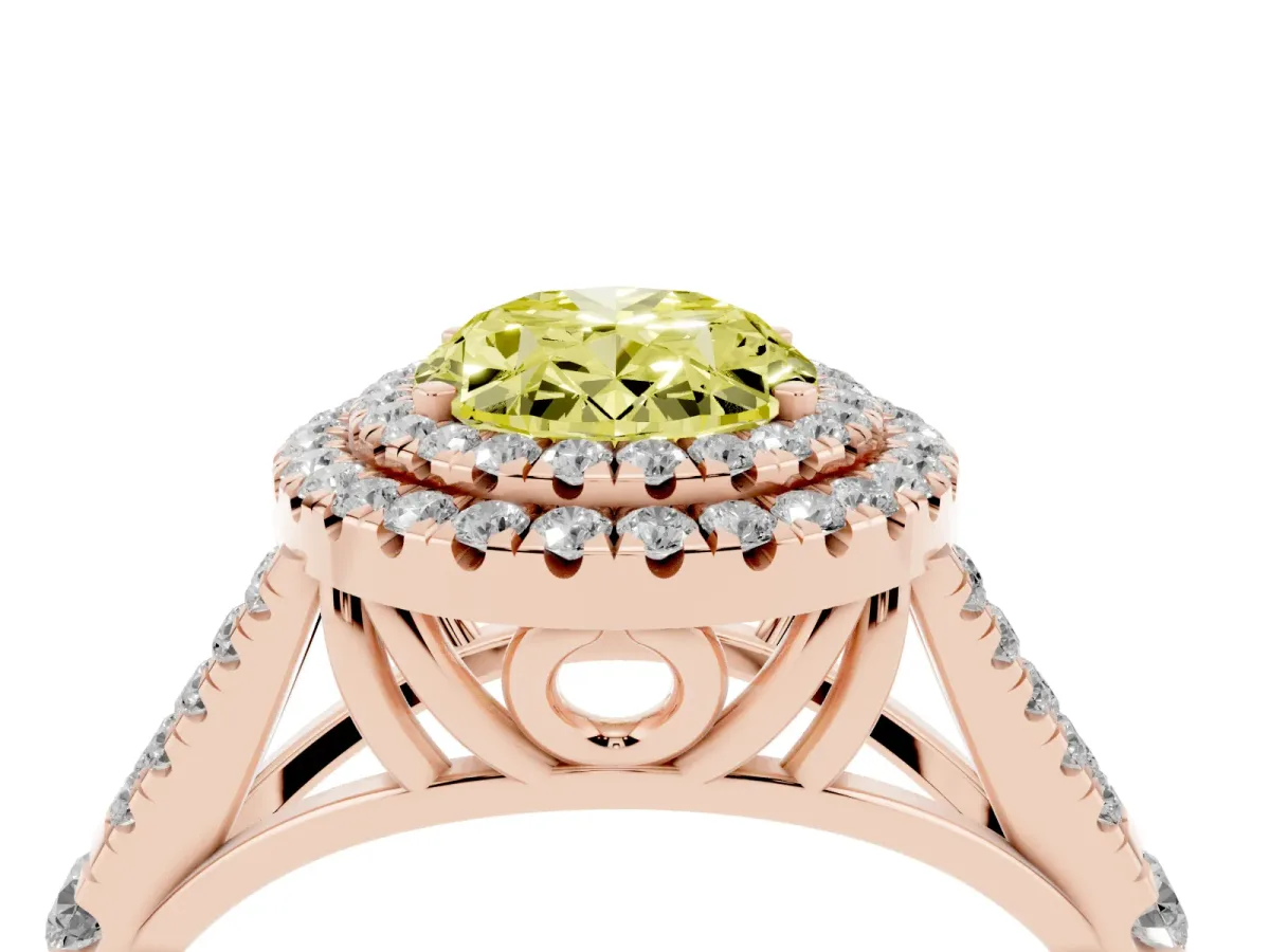 Fancy Yellow Double Halo Oval Cut Diamond Split Shank Engagement Ring with Four-Prong Setting Rose gold