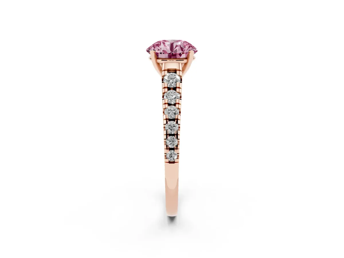 Fancy Pink Round Cut Diamond Cathedral Solitaire Ring with Round Pavé Band Rose gold