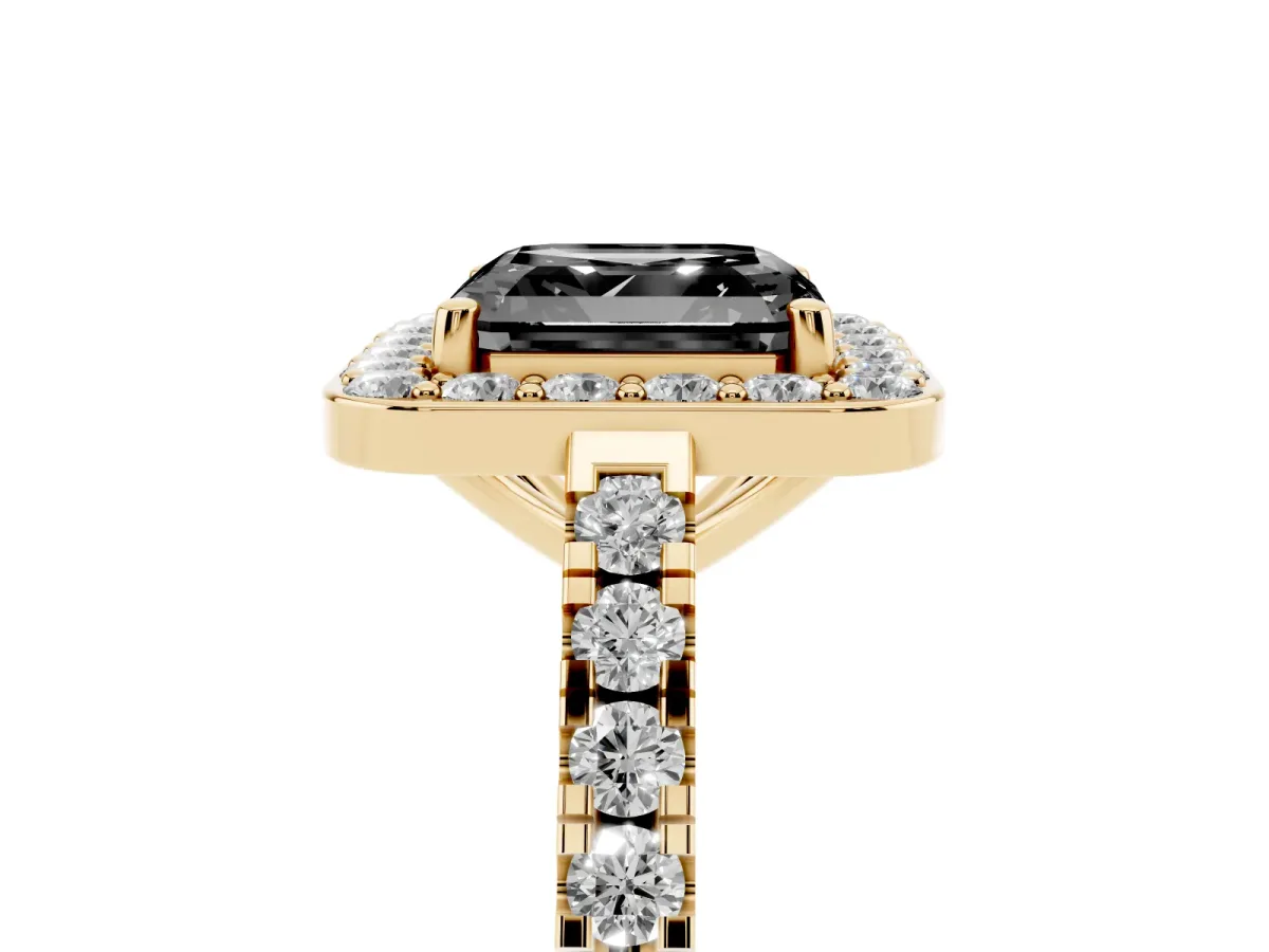 Fancy Black Asscher Cut Diamond Halo Ring with Round Pavé Split Shank and Prong Setting Yellow gold