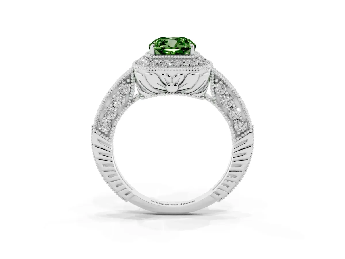 Fancy Green Cushion Cut Halo Diamond Split Shank Ring with Milgrain Detail Platinum