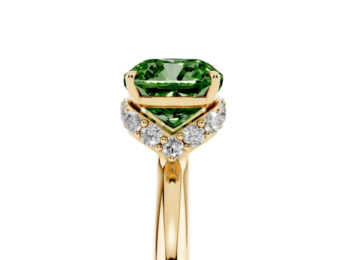 Fancy Green Cushion Cut Brilliant Solitaire Engagement Ring with Six-Prong Setting and Classic Band Yellow gold