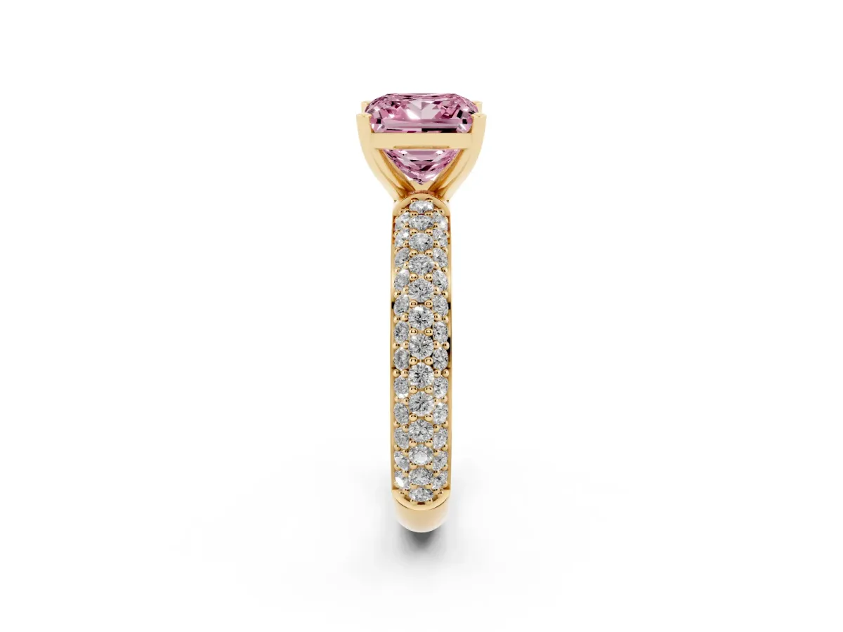 Fancy Pink Princess Cut Diamond Solitaire Ring with Prong Setting and Pavé Band Yellow gold