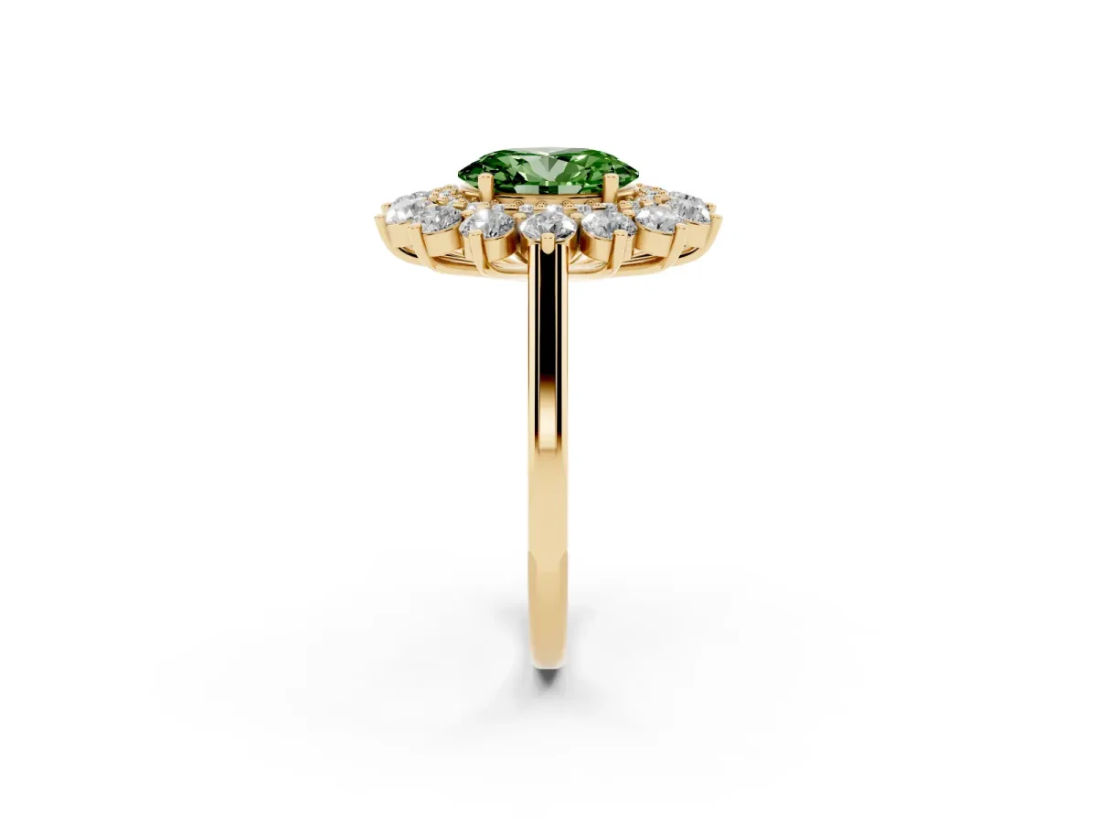 Fancy Green Oval Cut Diamond Floral Double Halo Engagement Ring with Prong Setting Yellow gold