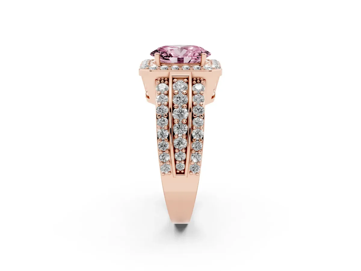 Fancy Pink Oval Cut Halo Diamond Ring with Round Split Shank and Prong Setting Rose gold