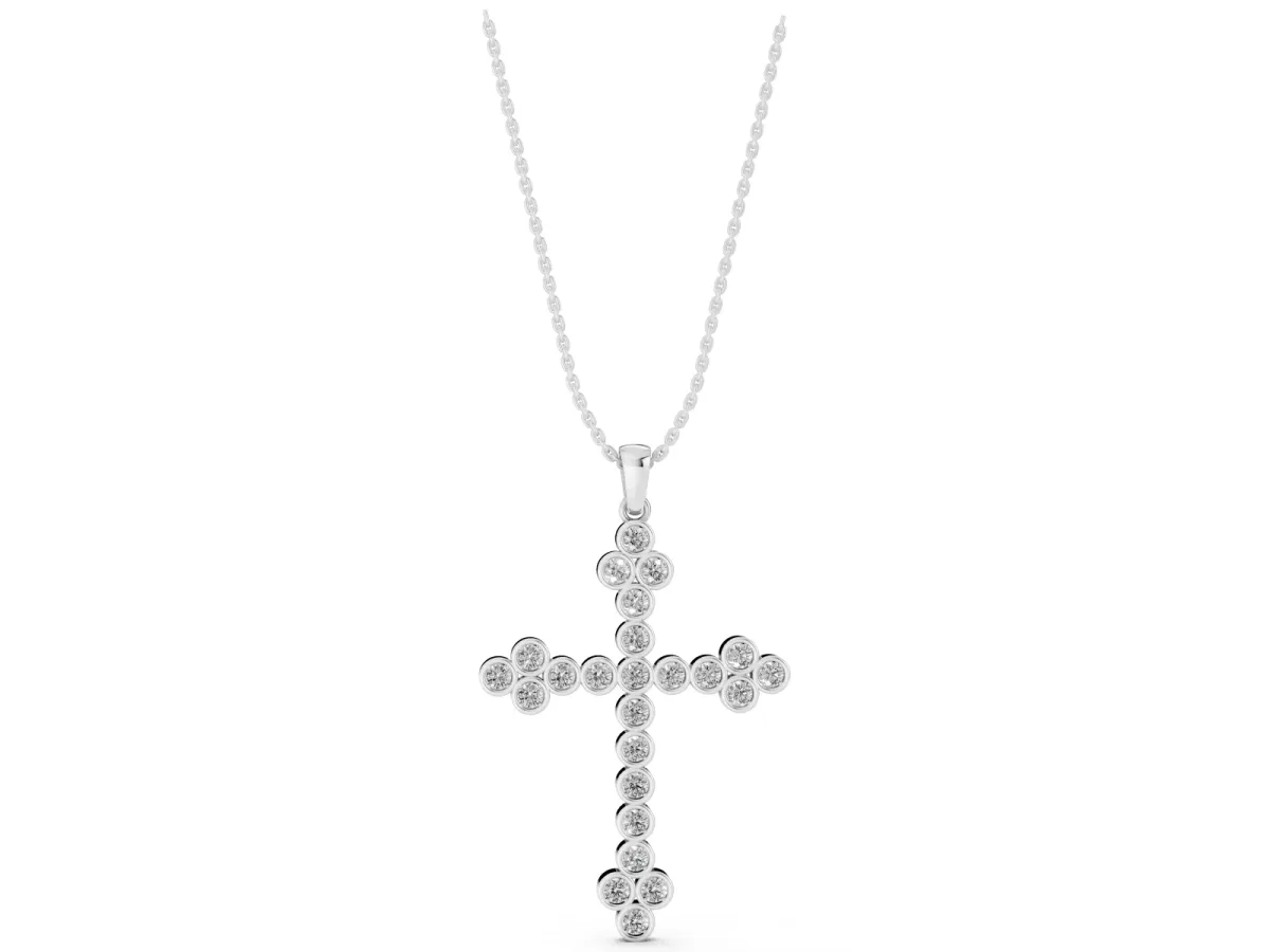 Round Diamond Bezel Set Cross Pendant White gold