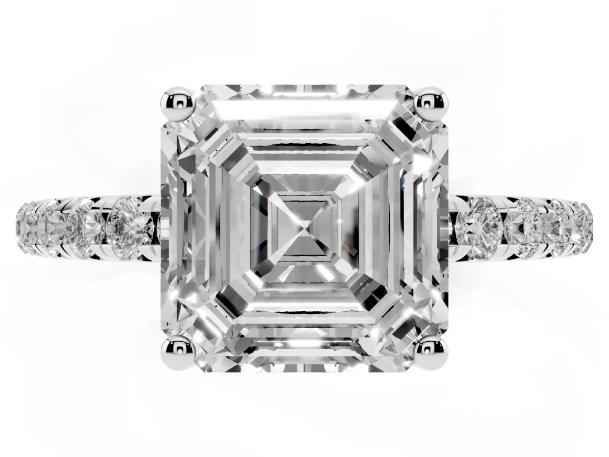 Asscher Cut Cut Diamond Solitaire Ring with Micro Pave Band and Four Prong Setting Silver