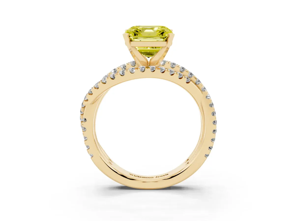 Fancy Yellow Asscher Cut Solitaire Twist Band with Pavé Setting and Four-Prong Setting Yellow gold