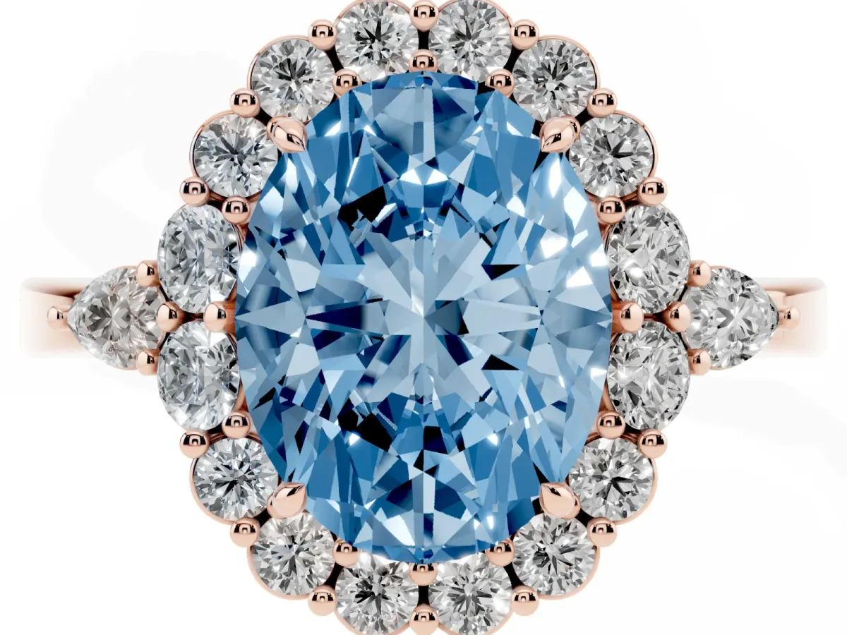 Fancy Blue Oval Cut Diamond Halo Ring with Pear Side Stones and Prong Setting Rose gold