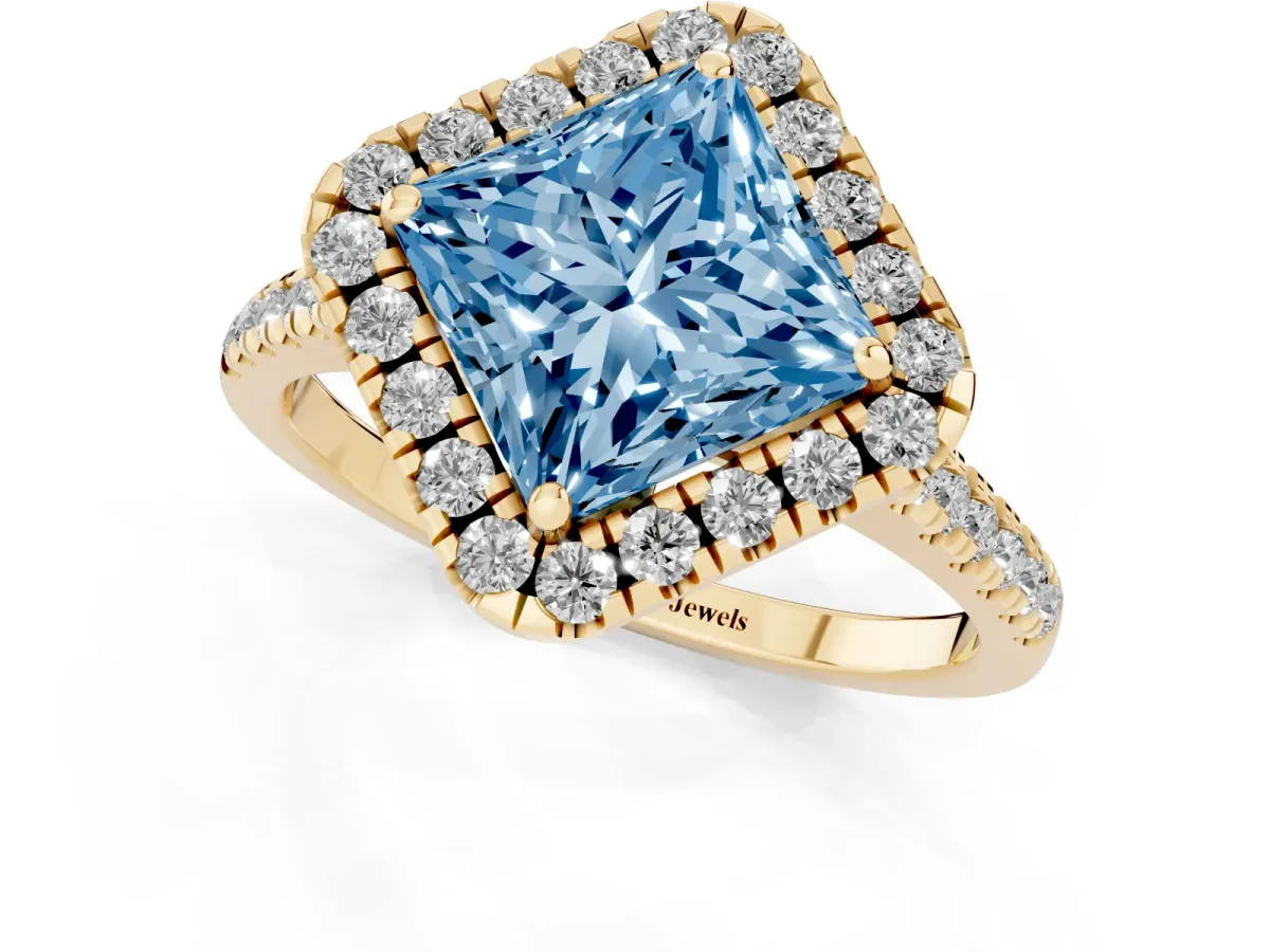 Fancy Blue Princess Cut Diamond Cushion Halo Ring with Pavé Band Yellow gold