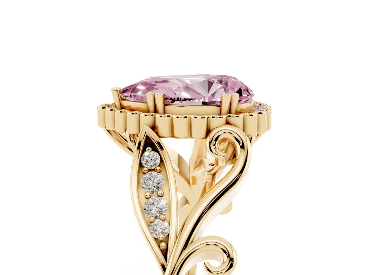 Fancy Pink Pear Cut Diamond Halo Ring with Vintage Split Shank and Four-Prong Setting Yellow gold