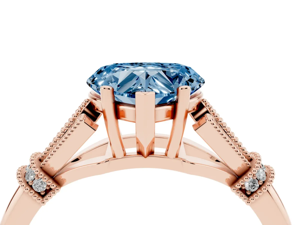 Fancy Blue Heart Cut Diamond Solitaire Ring with Floral Filigree and Pave Accents Rose gold