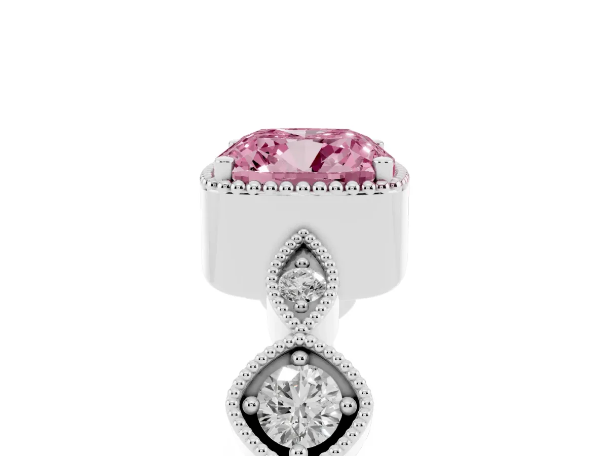 Fancy Pink Cushion Cut Diamond Vintage Milgrain Ring with Round Stations Silver