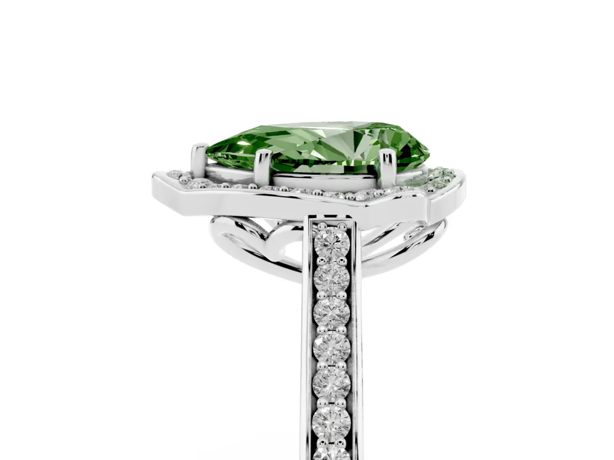 Fancy Green Pear Cut Halo Round Diamond Pave Band with Four-Prong Setting Silver