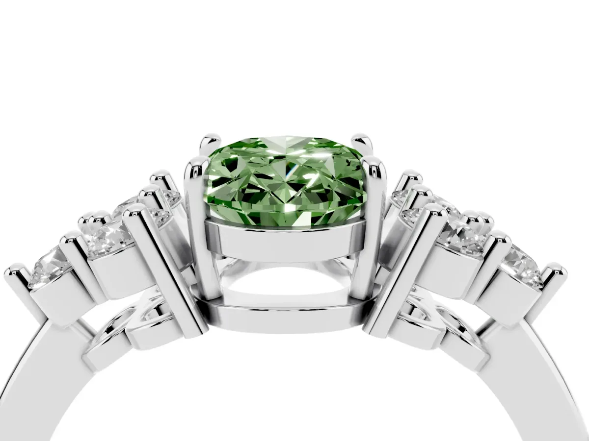 Fancy Green Oval Cut Brilliant Diamond Cluster Accent Solitaire Ring with Prong Setting Platinum