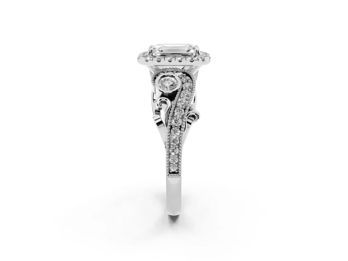 Emerald Cut Halo Diamond Ring with Milgrain and Bezel Accents on a Split Shank Band Silver