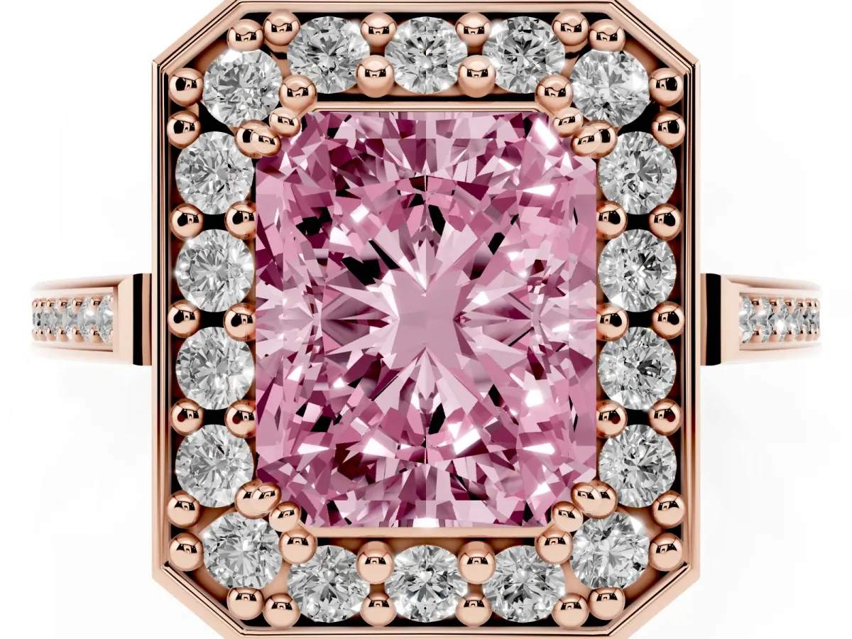 Fancy Pink Radiant Cut Diamond Halo Ring with Split Shank and Four-Prong Setting Rose gold