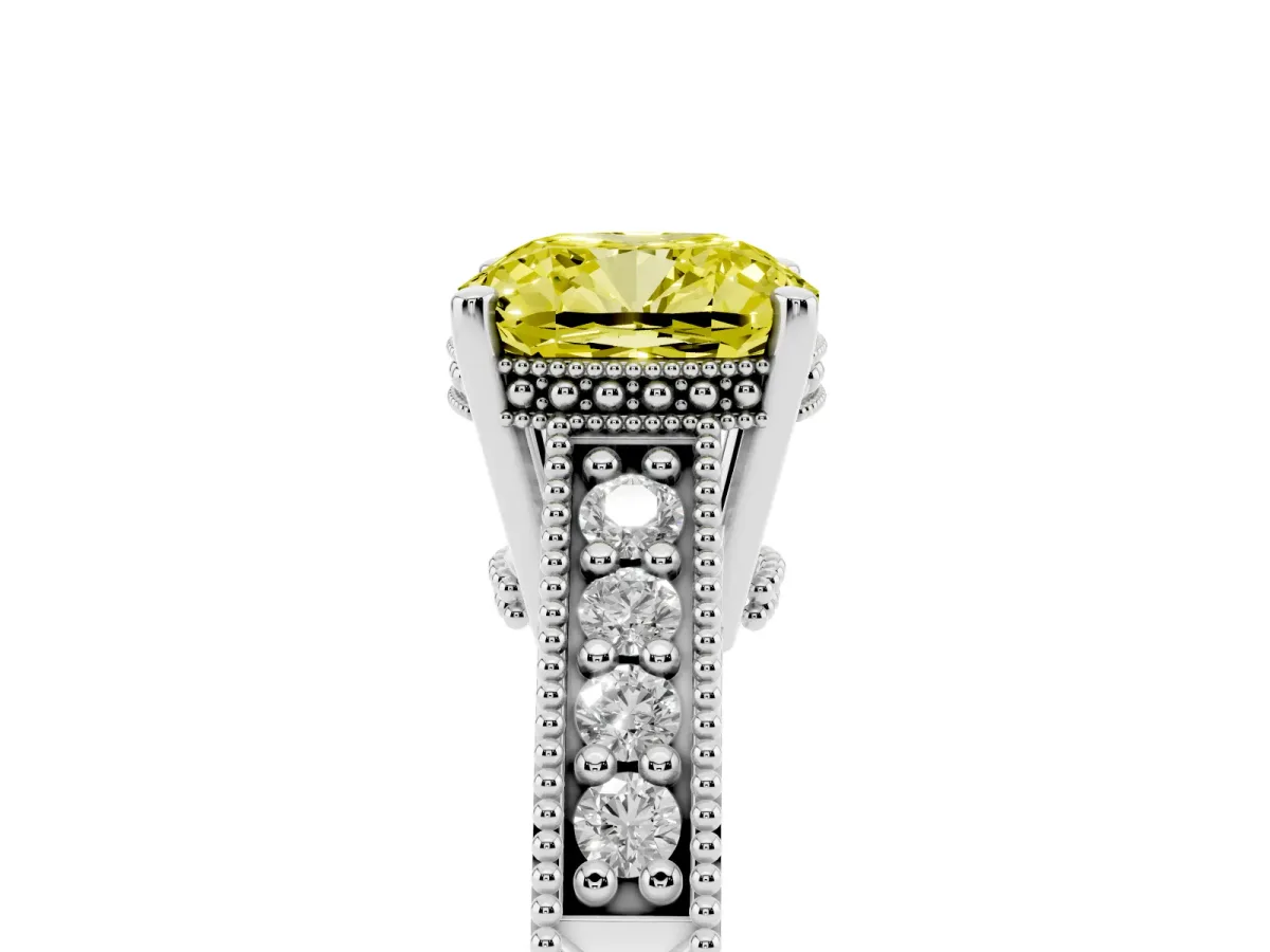 Fancy Yellow Cushion Cut Solitaire Pavé Diamond Milgrain Engagement Ring with Four-Prong Setting Silver