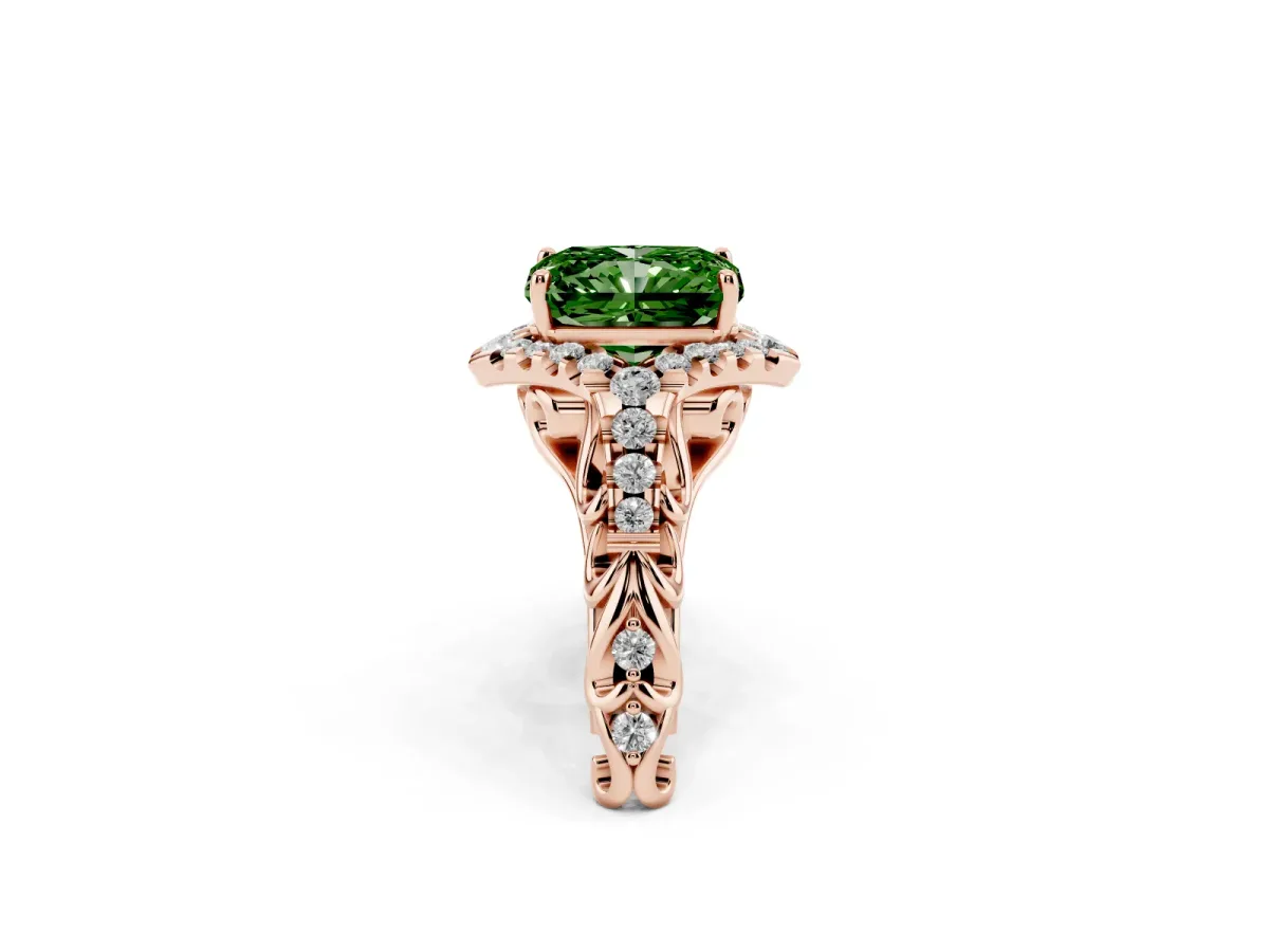 Fancy Green Radiant Cut Diamond Solitaire Ring with Hidden Halo and Pavé Band Rose gold