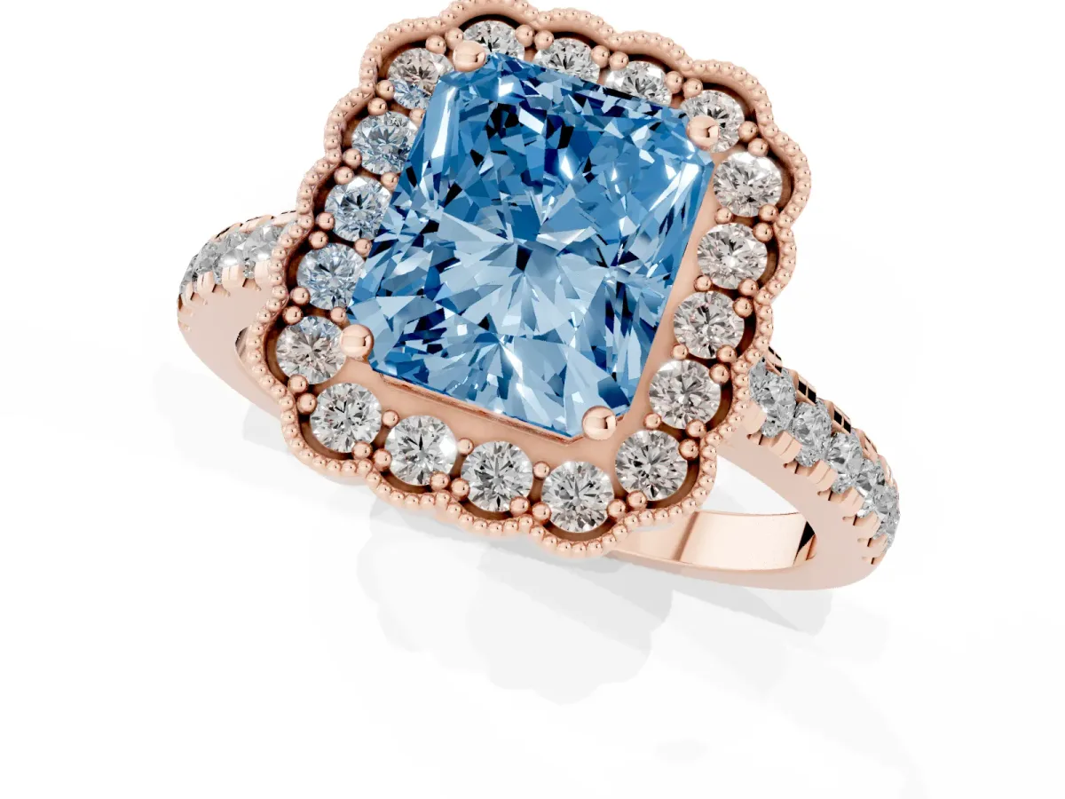 Fancy Blue Radiant Cut Cut Diamond Milgrain Floral Halo Engagement Ring with Pavé Band Rose gold