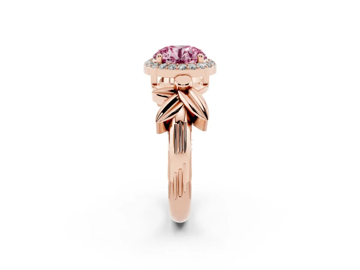 Fancy Pink Round Cut Halo Diamond Floral Band with Four-Prong Setting Rose gold