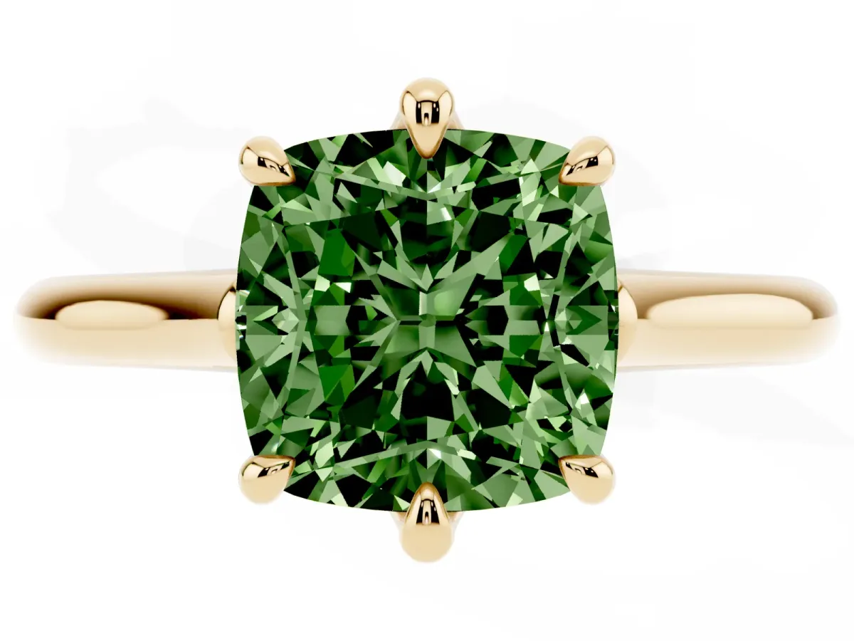 Fancy Green Cushion Cut Solitaire Engagement Ring with Six-Prong Setting and Classic Band Yellow gold