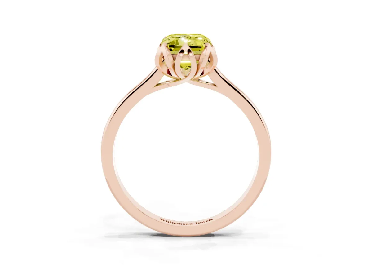 Fancy Yellow Emerald Cut Diamond Solitaire Ring with Flower Prong Setting and Classic Band Rose gold